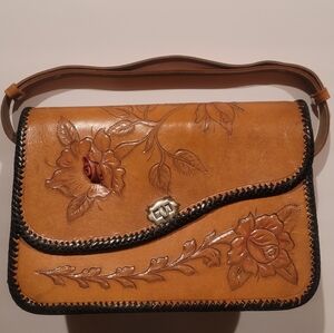Vintage Elegant Handmade Leather Tan Floral Shoulder Bag With Adjustable Strap
